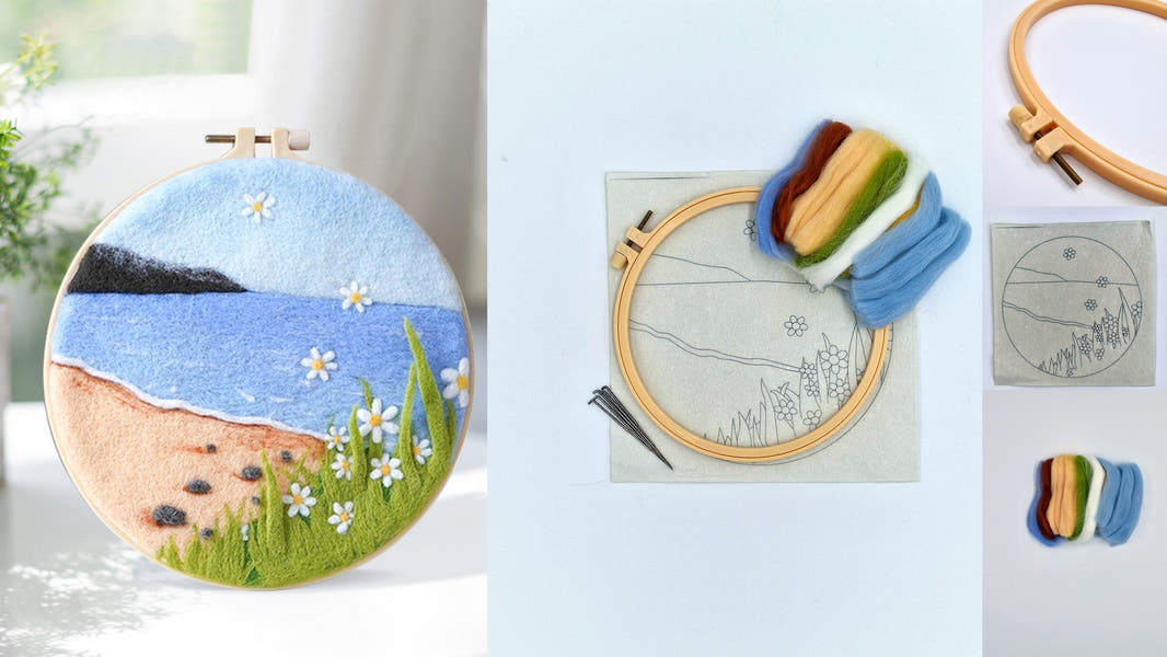 Needle felting DIY wool felt picture beach sea view Ø 18 cm painting wall decoration leisure fun adults teenagers