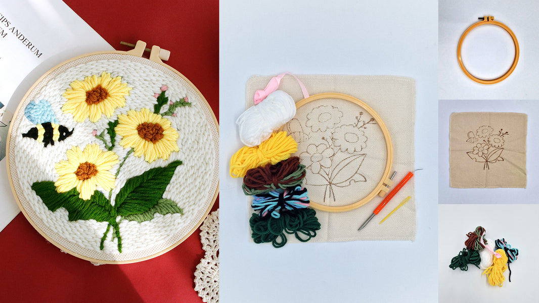 DIY Embroidery Kit, Embroidery Hoop, Flowers, Bee, Ø 18 cm, Painting, Wall Decoration, Beginner 