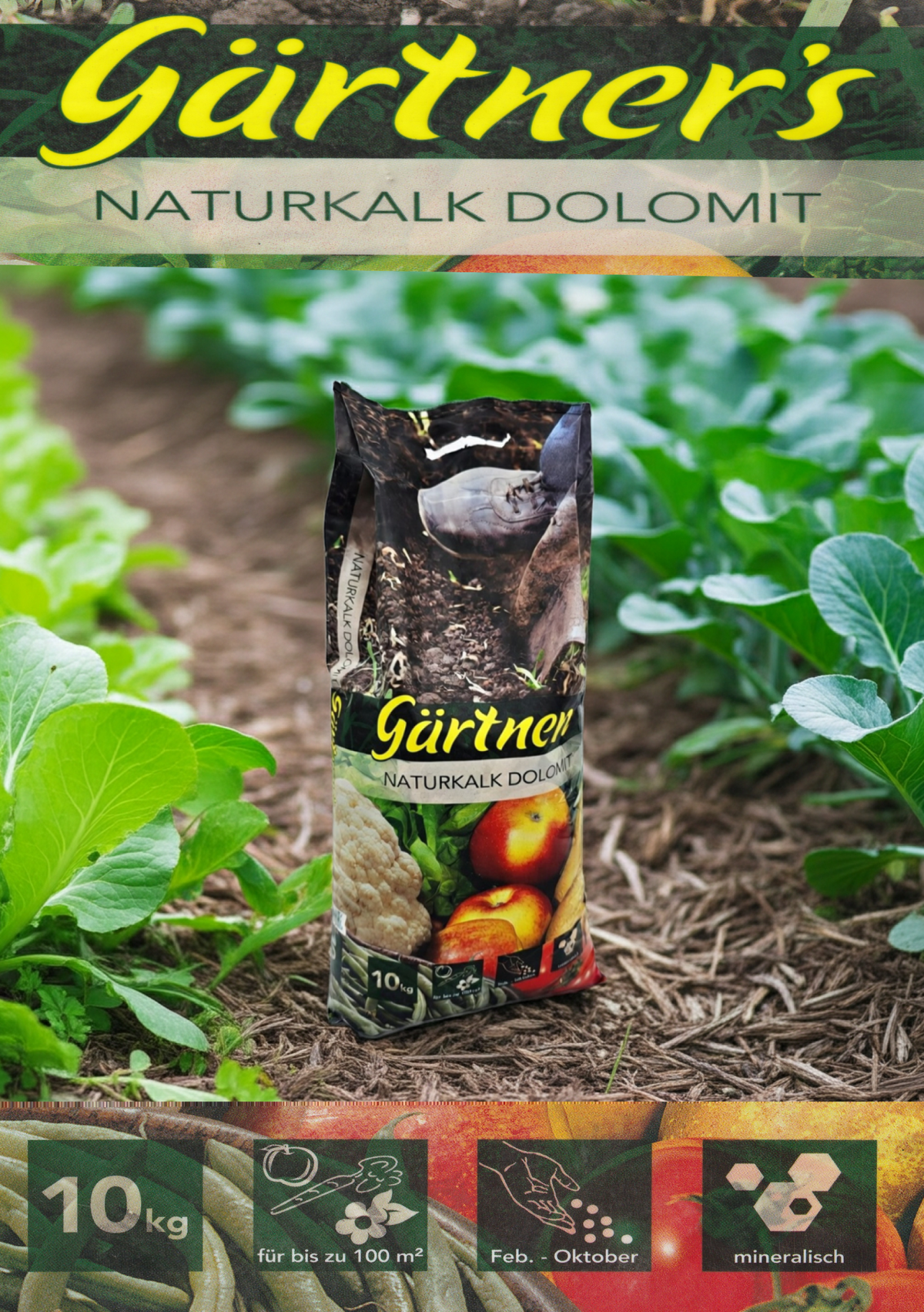 Gaertner´s Naturkalk Dolomit 10 kg Sack Magnesiumkalk für Rasen Ziergarten Gemüse Obst
