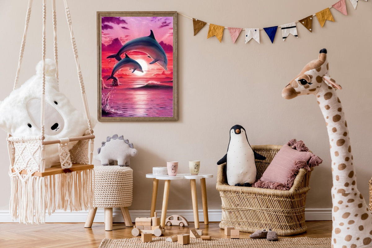 Paint by Numbers for Adults: Dolphins, 40x50 cm, DIY Oil/Acrylic Canvas Picture, Decoration, Pink Sunset, Sea, 1 Piece