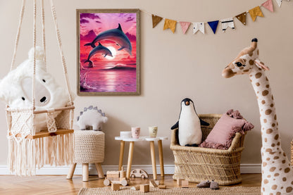 Paint by Numbers for Adults: Dolphins, 40x50 cm, DIY Oil/Acrylic Canvas Picture, Decoration, Pink Sunset, Sea, 1 Piece