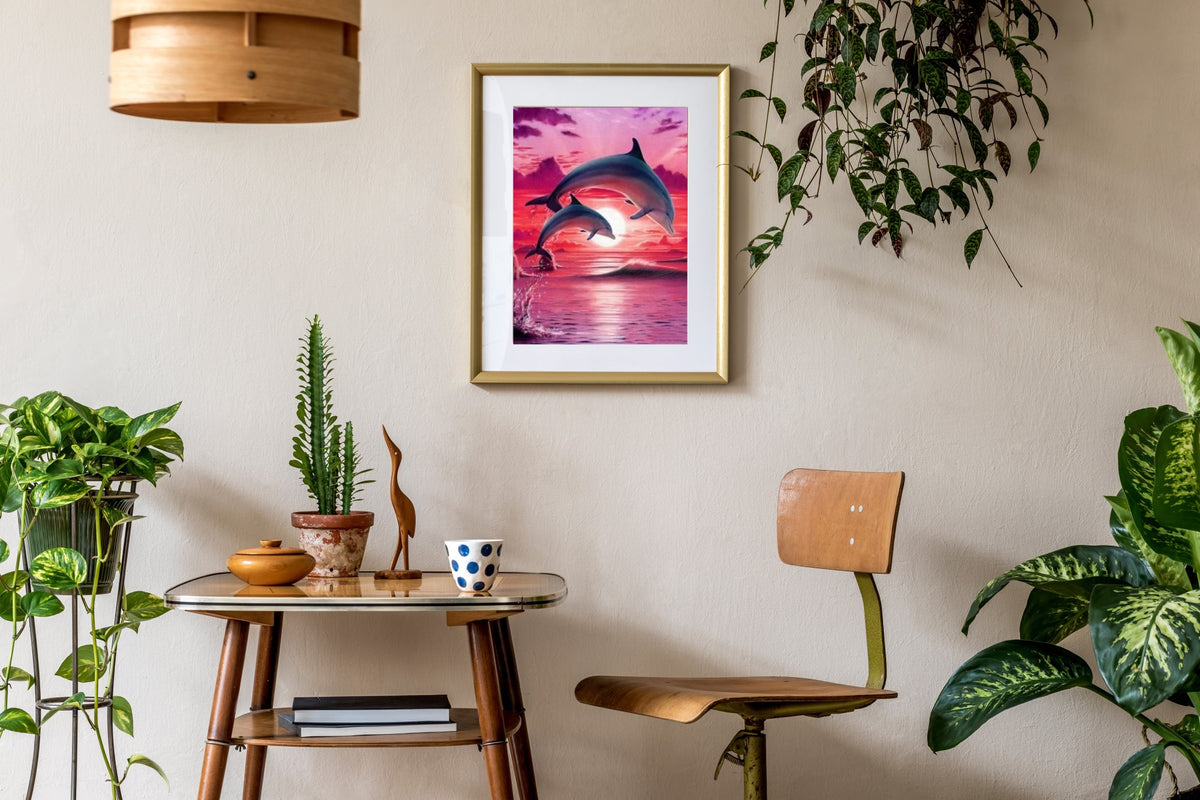 Paint by Numbers for Adults: Dolphins, 40x50 cm, DIY Oil/Acrylic Canvas Picture, Decoration, Pink Sunset, Sea, 1 Piece