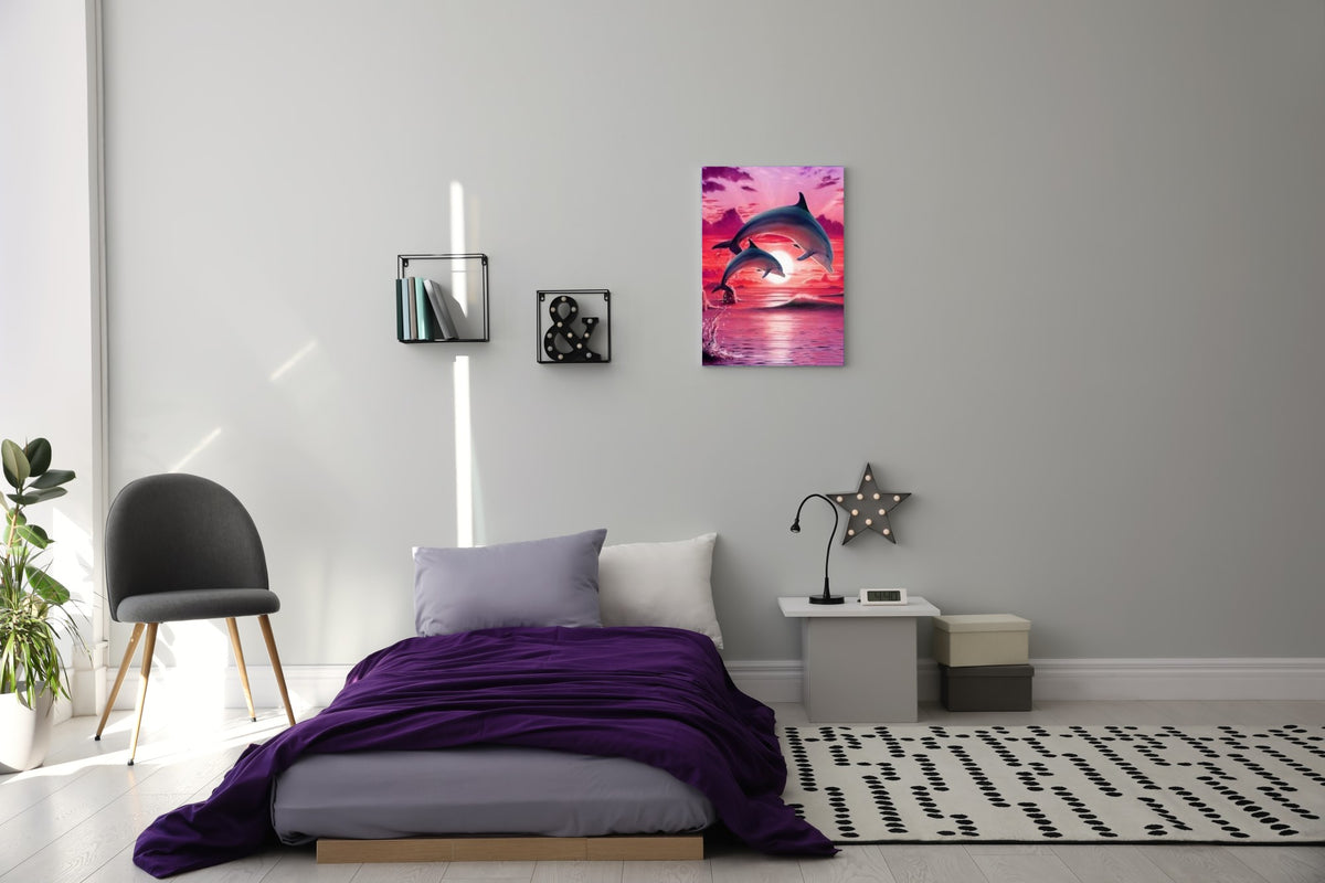 Paint by Numbers for Adults: Dolphins, 40x50 cm, DIY Oil/Acrylic Canvas Picture, Decoration, Pink Sunset, Sea, 1 Piece