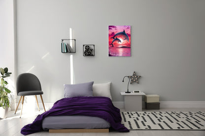Paint by Numbers for Adults: Dolphins, 40x50 cm, DIY Oil/Acrylic Canvas Picture, Decoration, Pink Sunset, Sea, 1 Piece