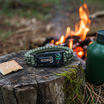 Survival Armband 5in1 mit Kompass, Feuerstarter & Messer – Paracord Outdoor Armband Grün