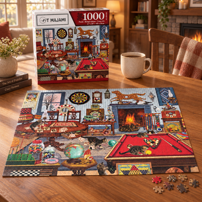 Puzzle 1000 Teile Kamin Wohnzimmer Katze  69x51 cm Wimmelbild Gehirntraining
