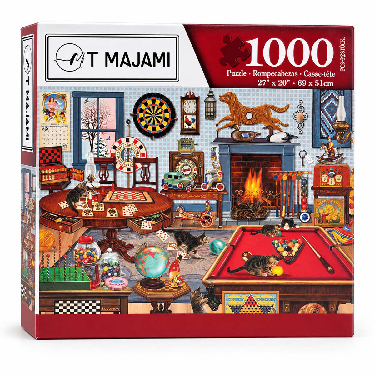 Puzzle 1000 Teile Kamin Wohnzimmer Katze  69x51 cm Wimmelbild Gehirntraining