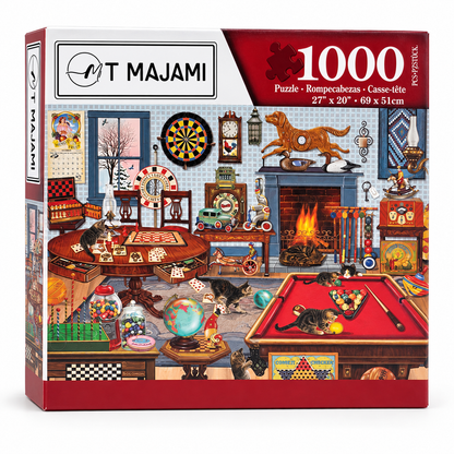 Puzzle 1000 Teile Kamin Wohnzimmer Katze  69x51 cm Wimmelbild Gehirntraining