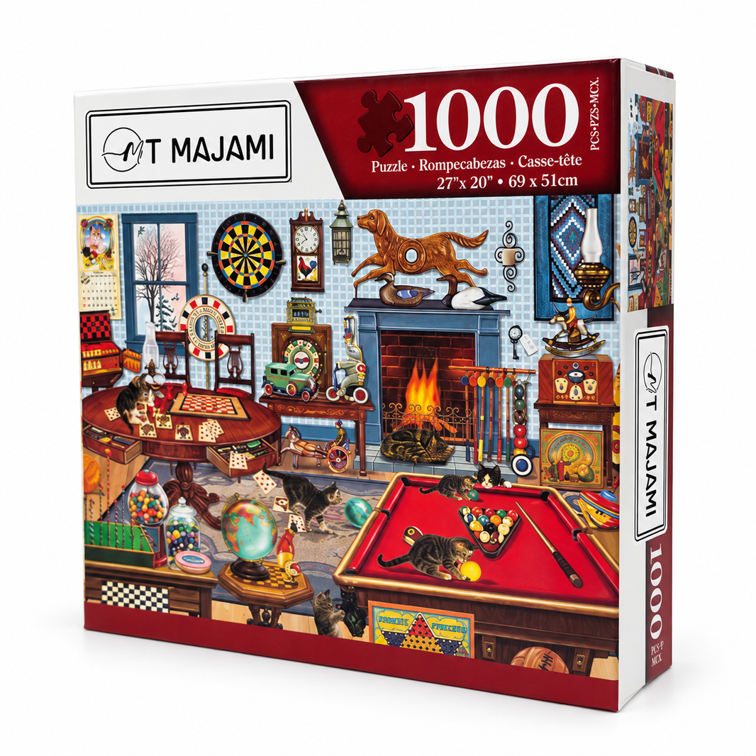 Puzzle 1000 Teile Kamin Wohnzimmer Katze  69x51 cm Wimmelbild Gehirntraining