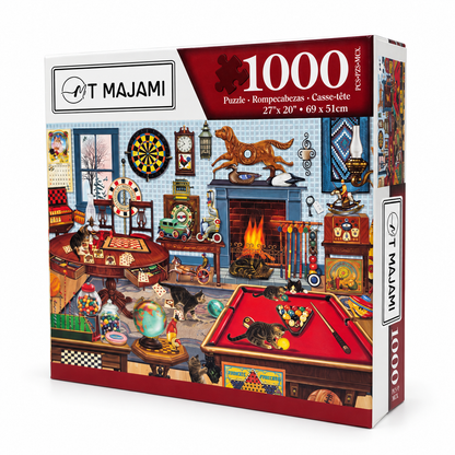 Puzzle 1000 Teile Kamin Wohnzimmer Katze  69x51 cm Wimmelbild Gehirntraining