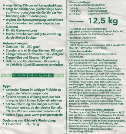 Gaertner's Rinderdung gekörnt 12,5KG Rindermist Pellets organischer Dünger