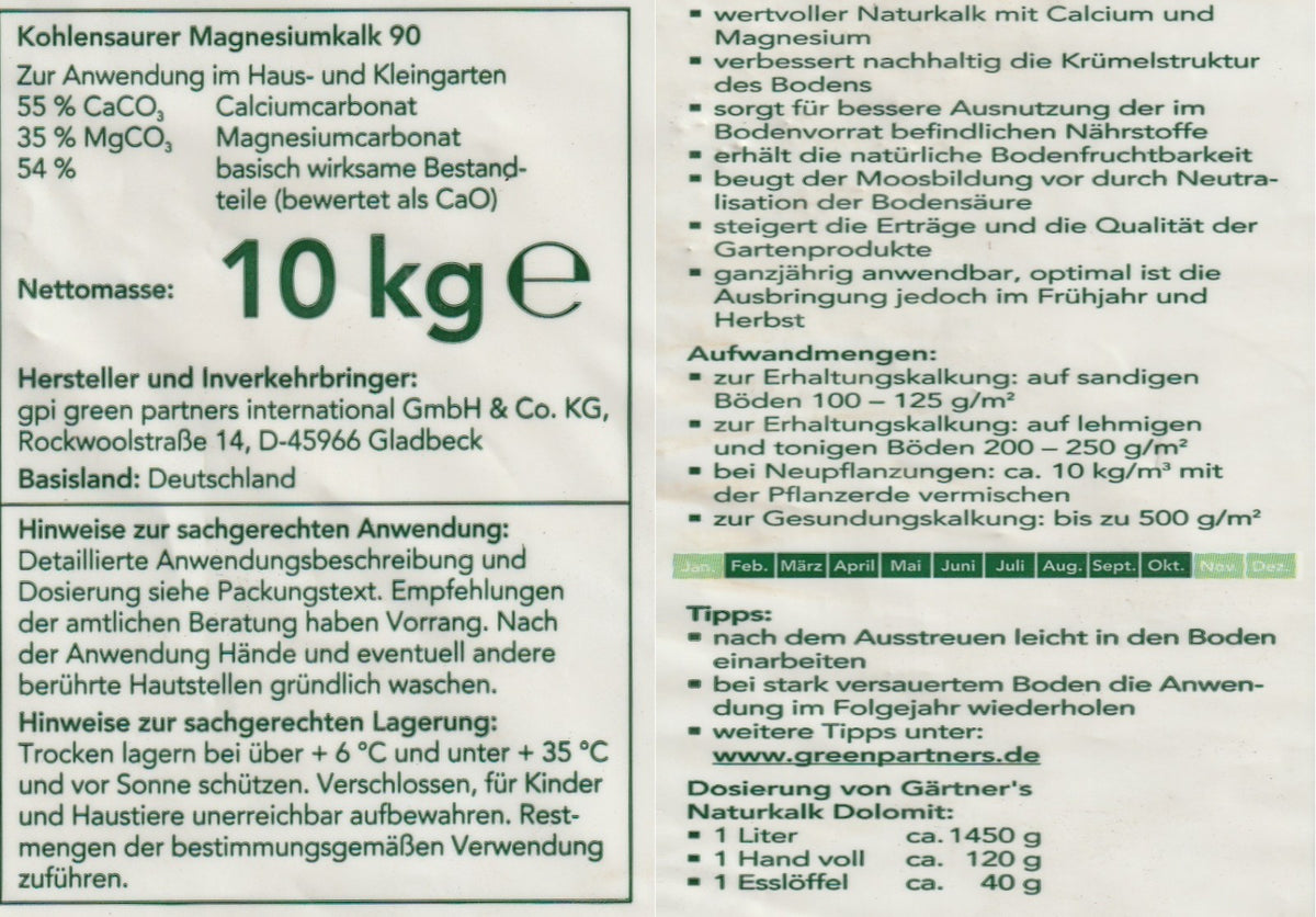 Gaertner´s Naturkalk Dolomit 10 kg Sack Magnesiumkalk für Rasen Ziergarten Gemüse Obst