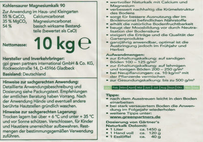 Gaertner´s Naturkalk Dolomit 10 kg Sack Magnesiumkalk für Rasen Ziergarten Gemüse Obst
