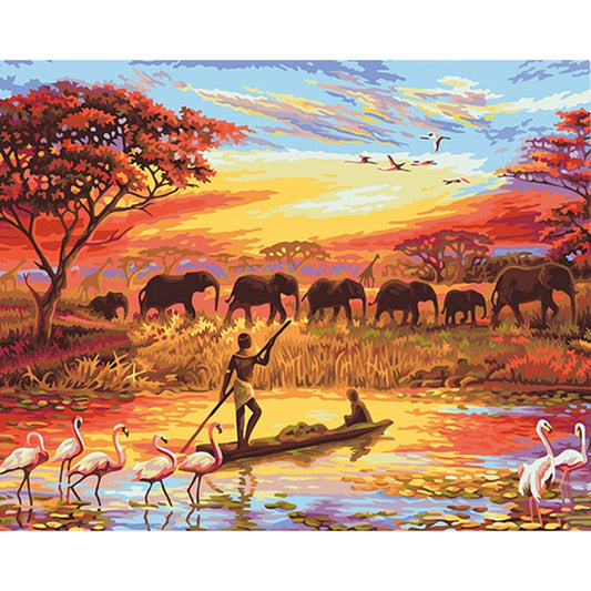 Malen nach Zahlen Erwachsene Steppe Afrika 40x50 cm Paint by Numbers DIY Öl Acryl Leinwand Bild Dekoration Elefanten Tiere ohne Rahmen 1 Stück
