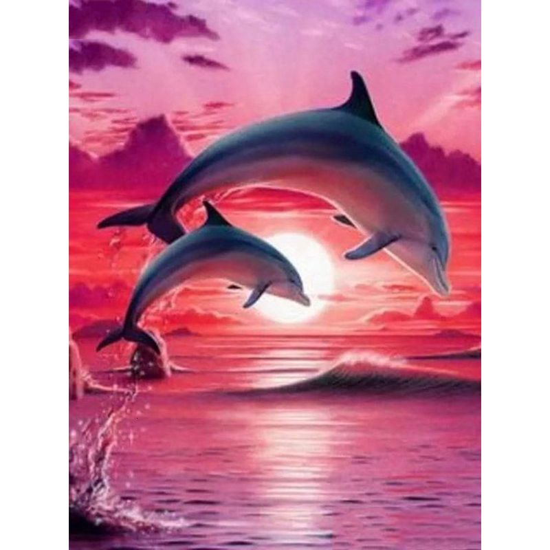 Paint by Numbers for Adults: Dolphins, 40x50 cm, DIY Oil/Acrylic Canvas Picture, Decoration, Pink Sunset, Sea, 1 Piece