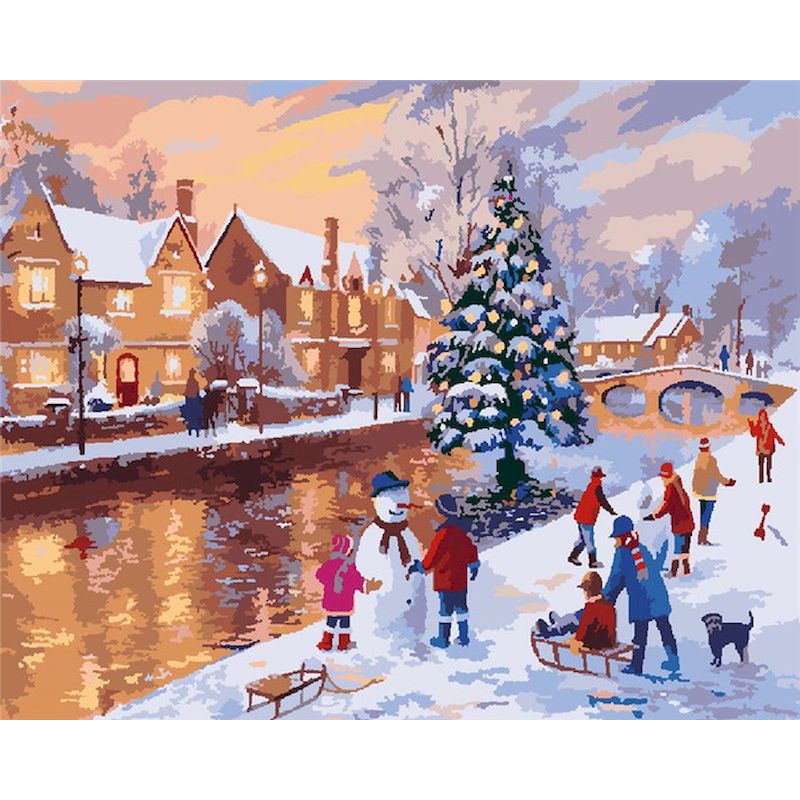 Paint by Numbers for Adults: Winter by the River, 40x50 cm, Unframed, DIY Oil Acrylic Canvas Picture, Christmas/Winter Decoration
