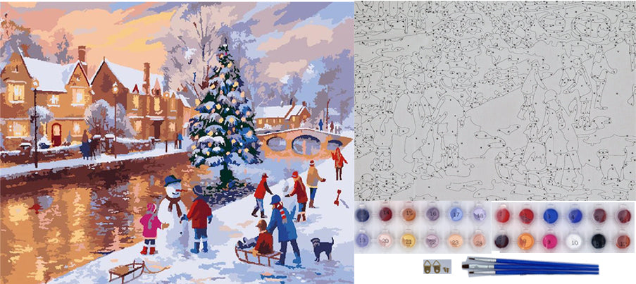 Paint by Numbers for Adults: Winter by the River, 40x50 cm, Unframed, DIY Oil Acrylic Canvas Picture, Christmas/Winter Decoration
