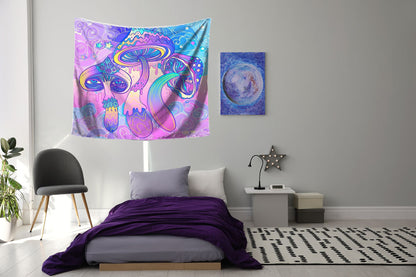 Wandbehang Psychedelic Pilze Violett 150x125 cm Polyester Wandtuch Wandteppich Hippie Tapisserie 